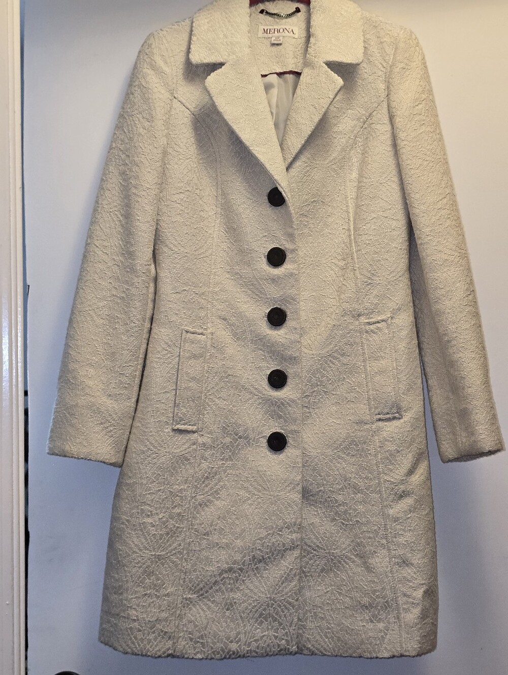 Merona Cream Damask Button Front Trench Coat Jacket Small Petite S/P Ornate Butt